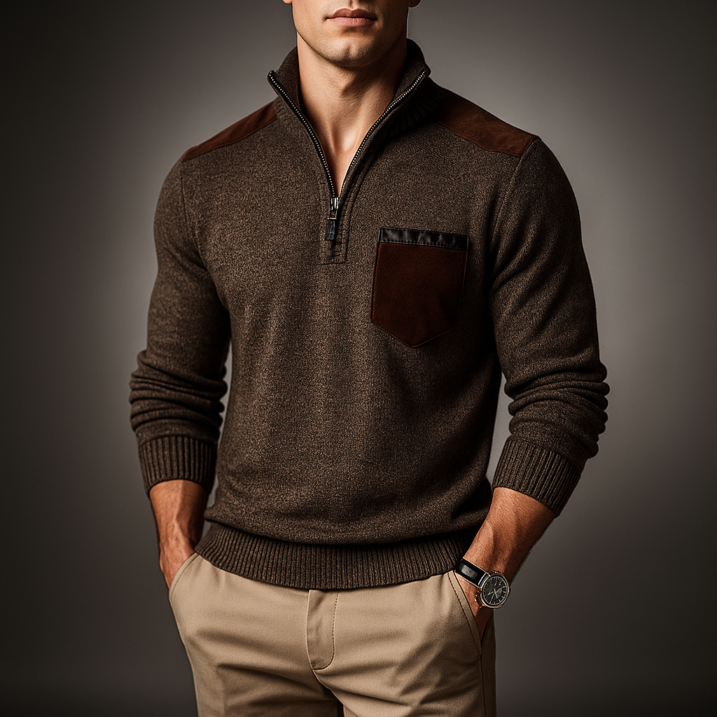 Side view of a men's ribbed cardigan with long sleeves