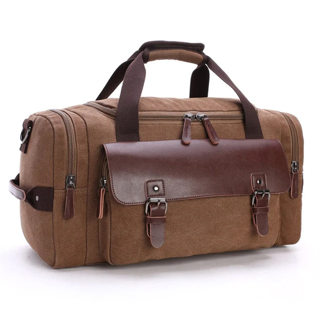 Large capacity leather canvas travel work bag with top handles and shoulder strap