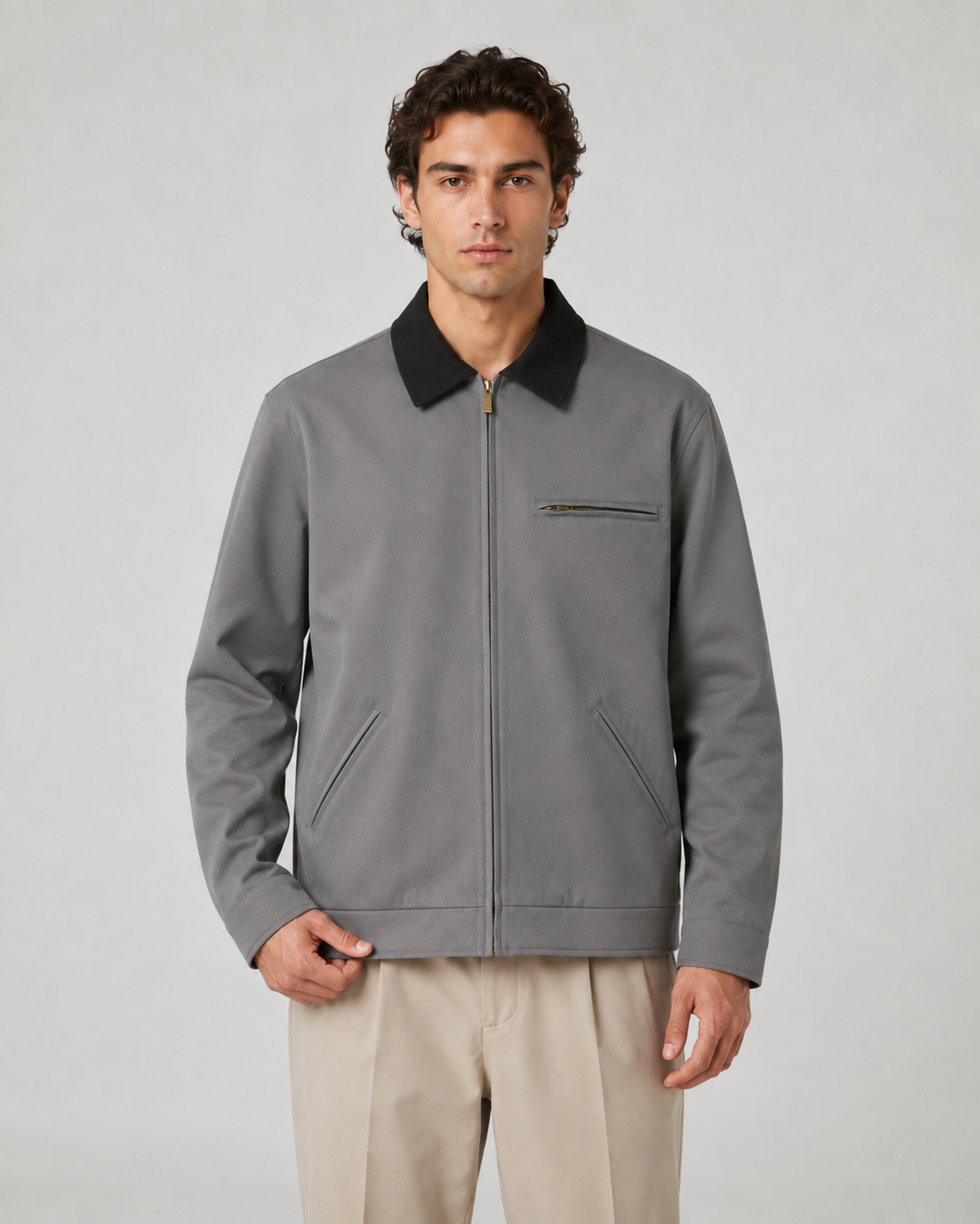 Men's barn jacket with contrast collar shown from the front
