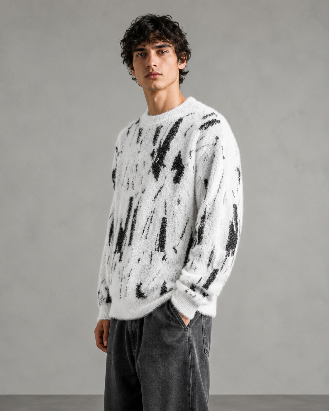 Men's abstract knit sweater displayed from the front