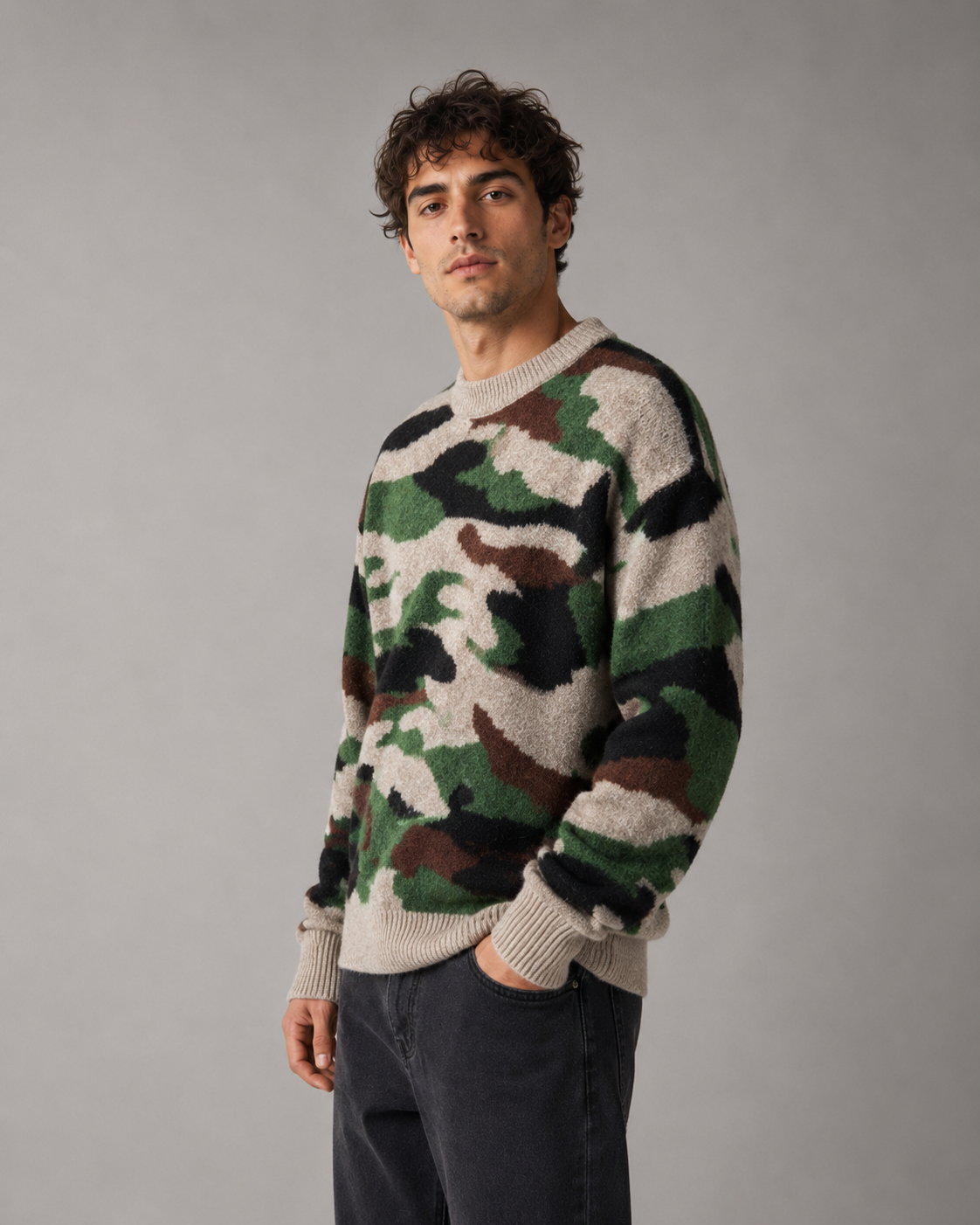 Men's camouflage knit sweater with a relaxed crew neck