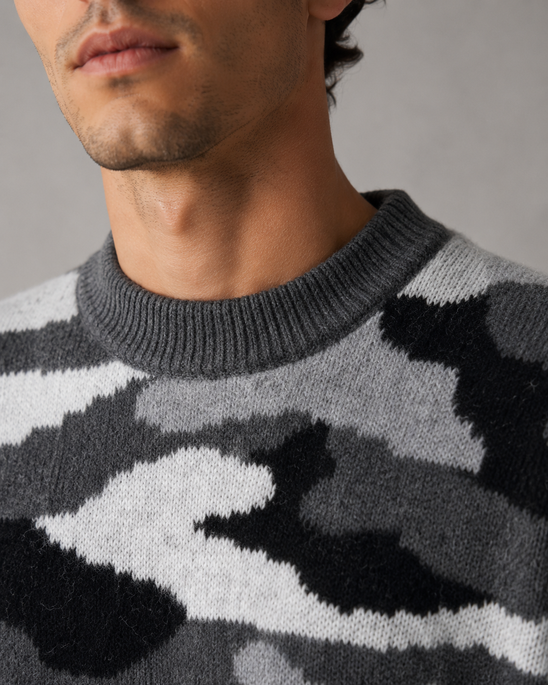 Men's relaxed-fit camouflage sweater styled for casual streetwear