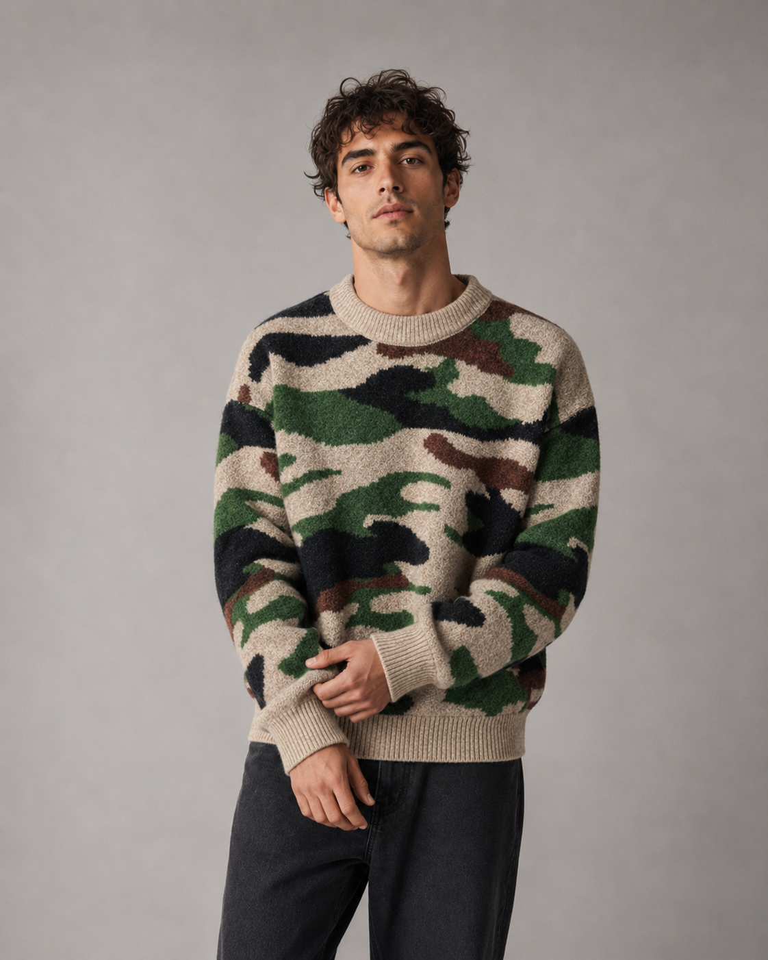 Crew neck detail on a men's camouflage knit sweater