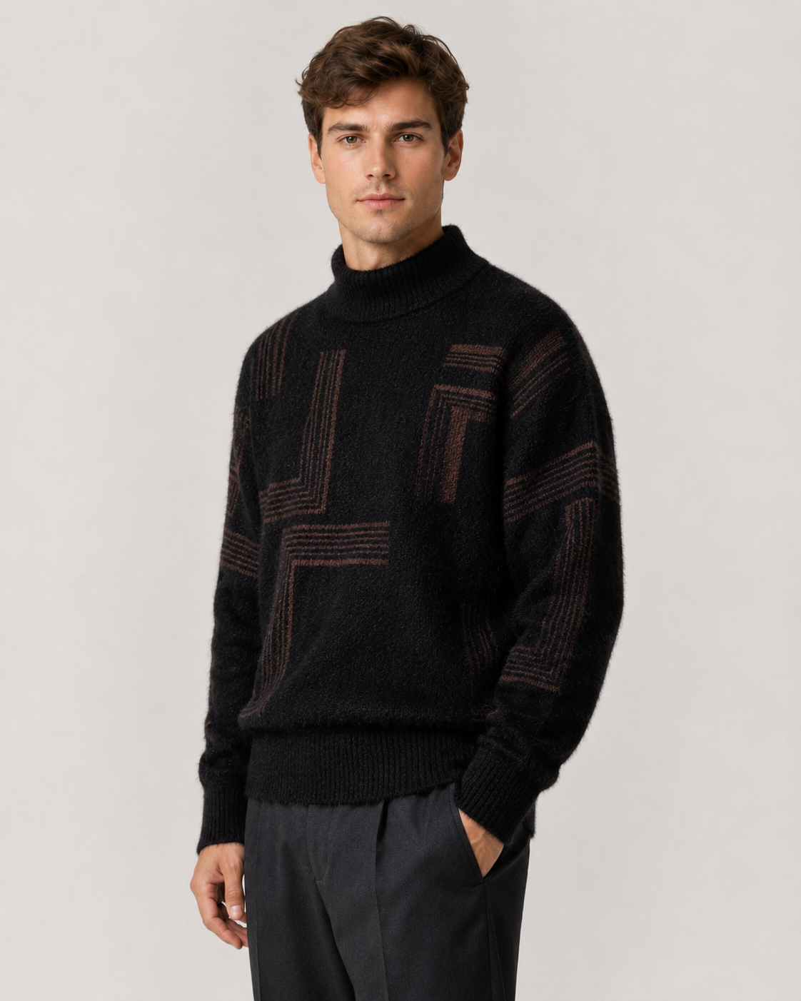 Men's brushed knit funnel neck sweater shown from the front