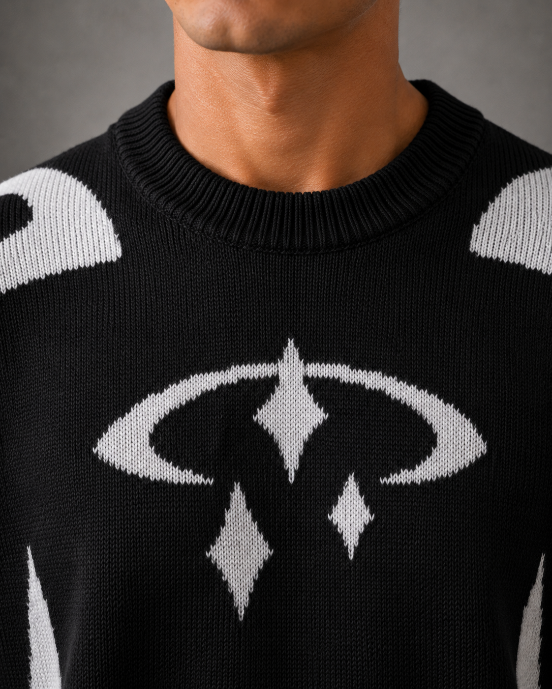 Back view of the men's graphic crew neck sweater