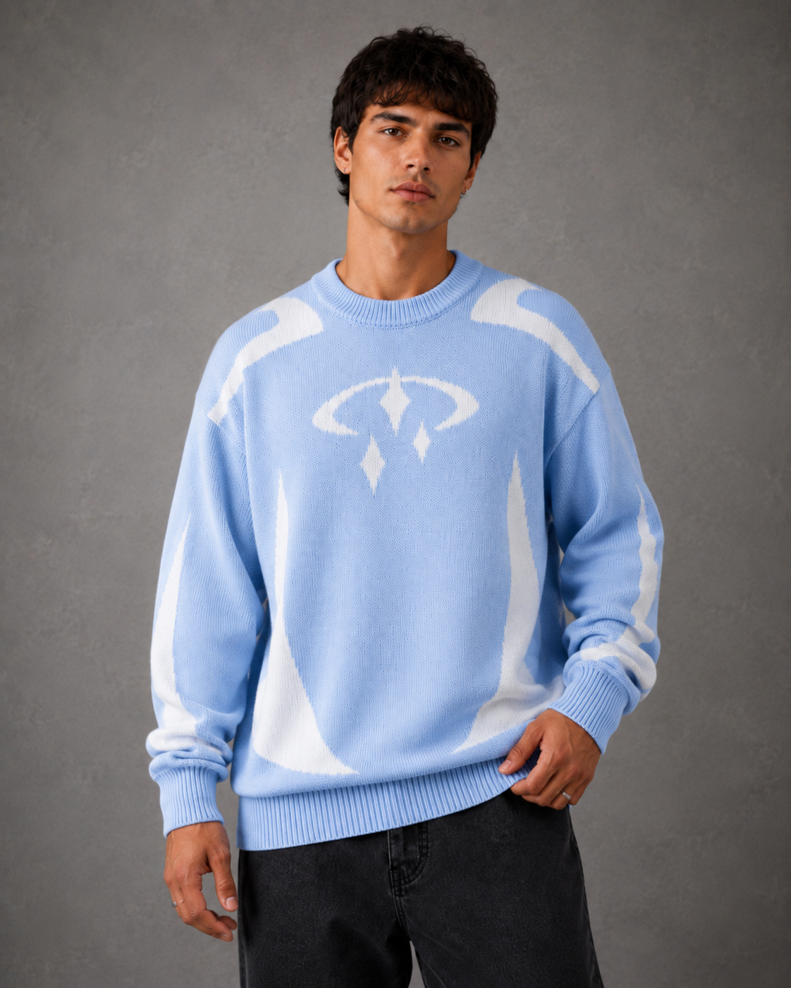 Men's graphic knit sweater with a relaxed crew neck front view