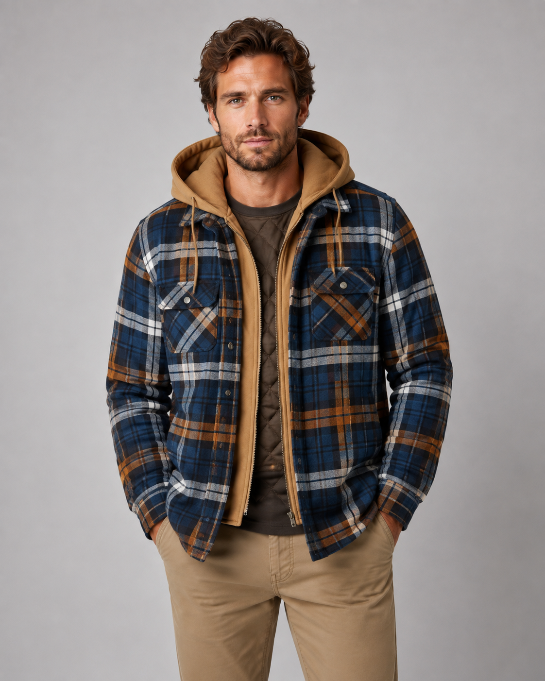Men's hooded plaid shacket shown from the front with a zip closure