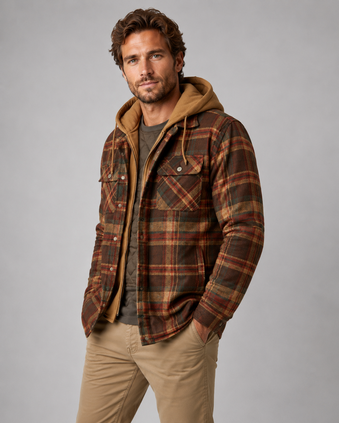 Men's plaid shacket featuring a hood and quilted lining