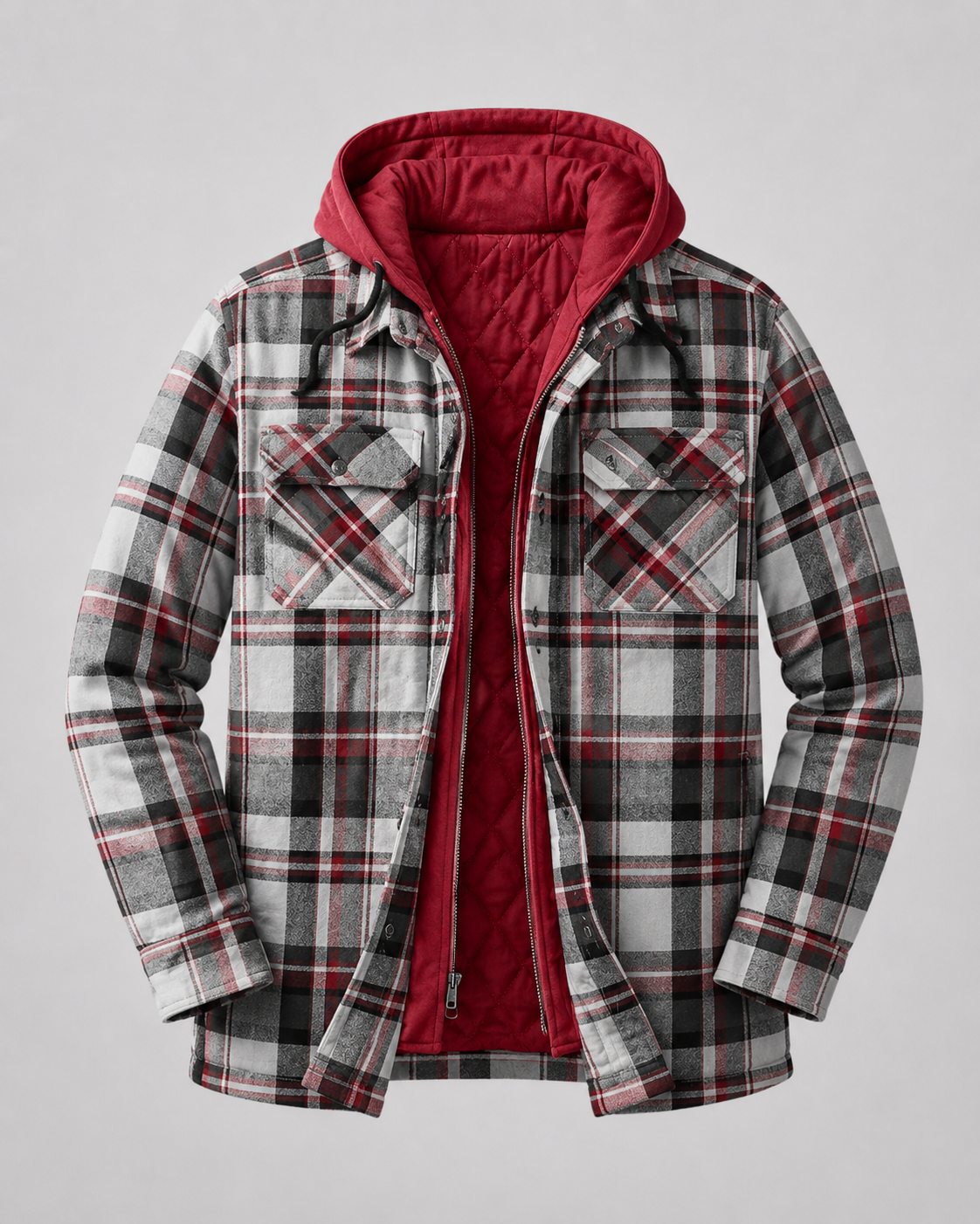 Men's Hooded Plaid Shacket With Quilted Lining