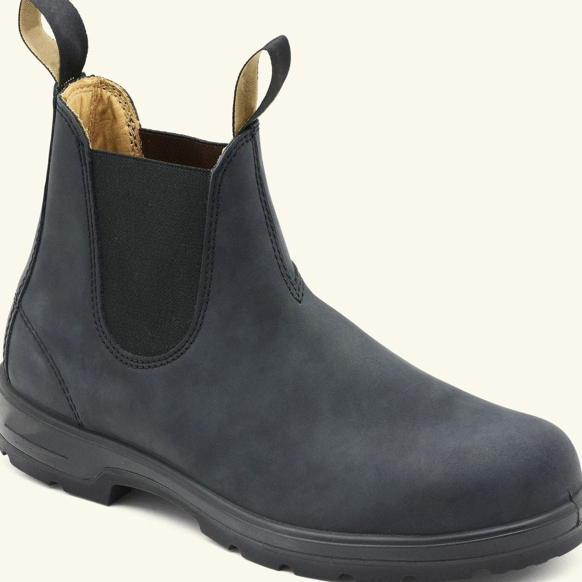 Pair of men's leather Chelsea boots shown from the front with pull tabs