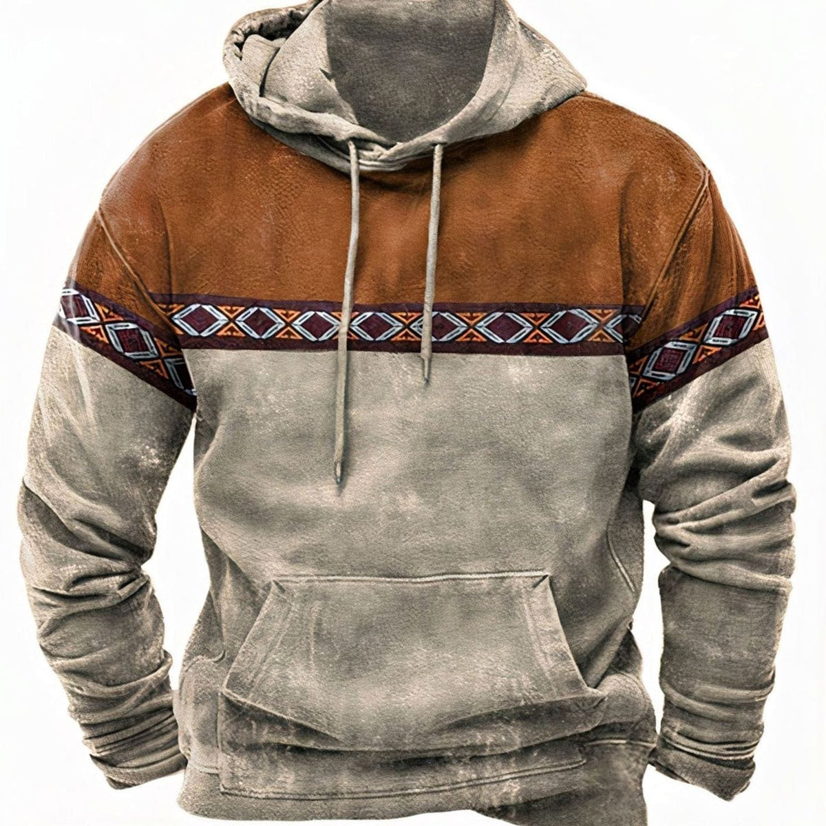 Close-up of the men's hoodie showing the drawstring hood and color-block design