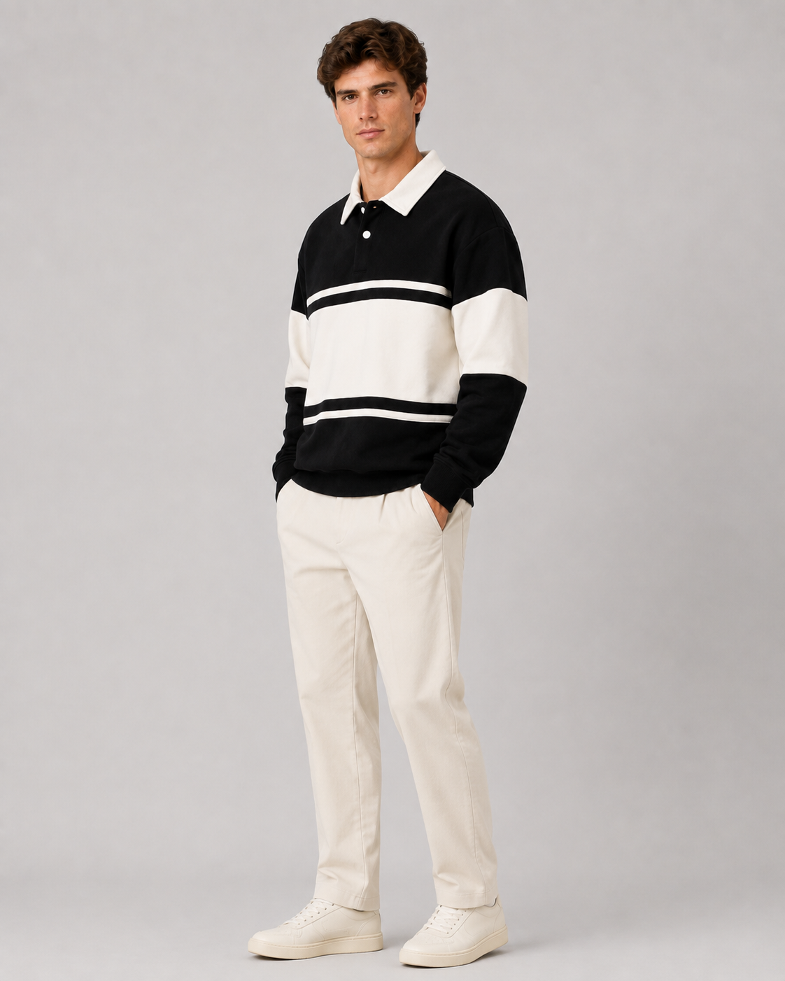 Front view of a men's long-sleeve rugby polo sweater