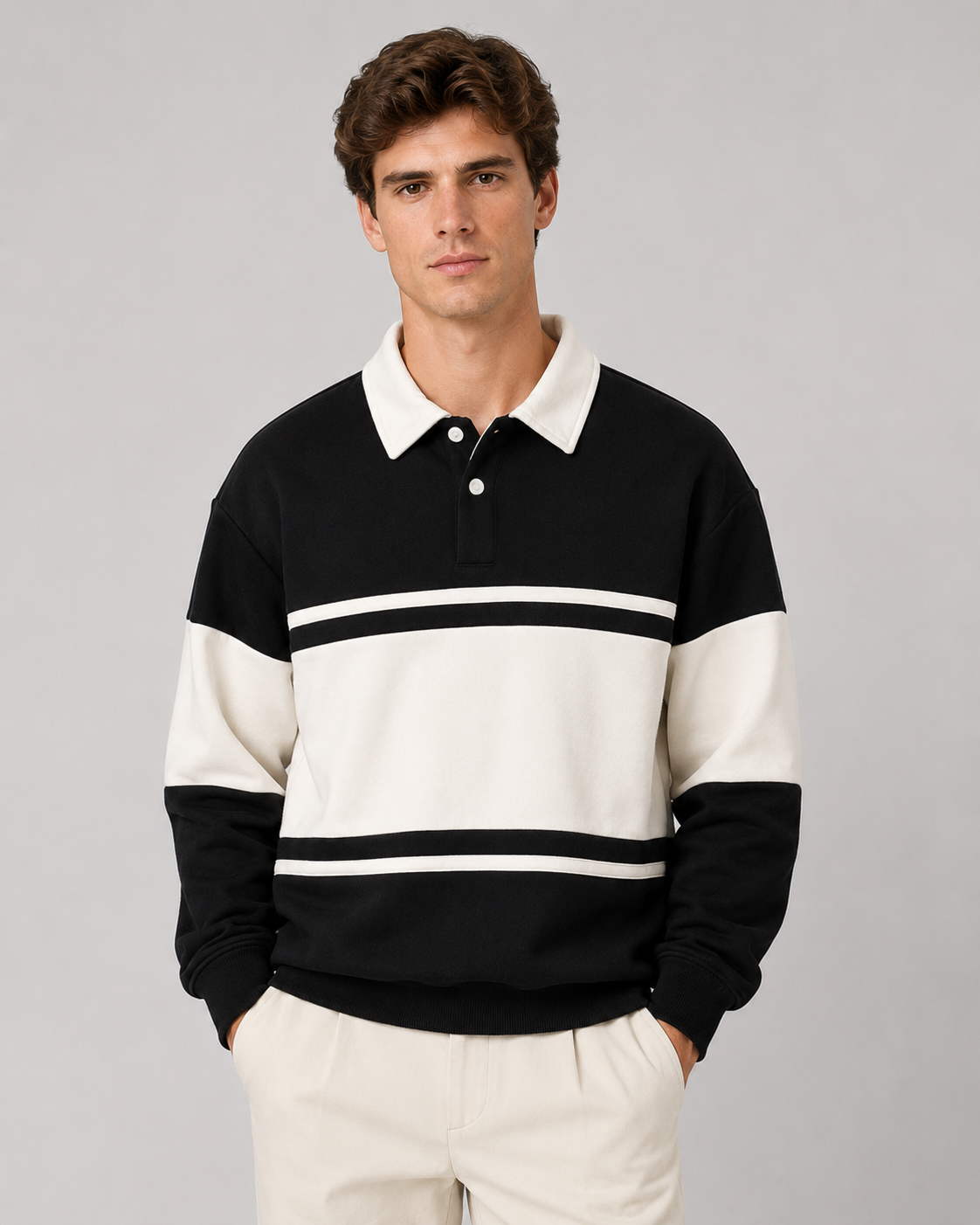 Men's rugby polo sweater with color-block styling and long sleeves