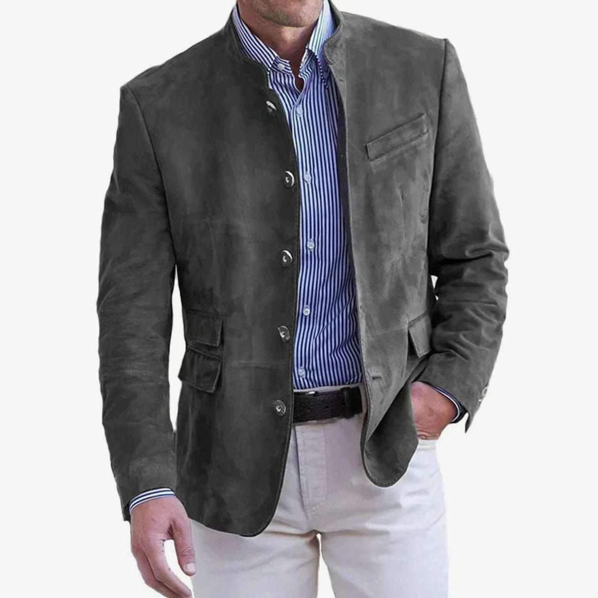 Front view of a men's suede blazer with button-front closure