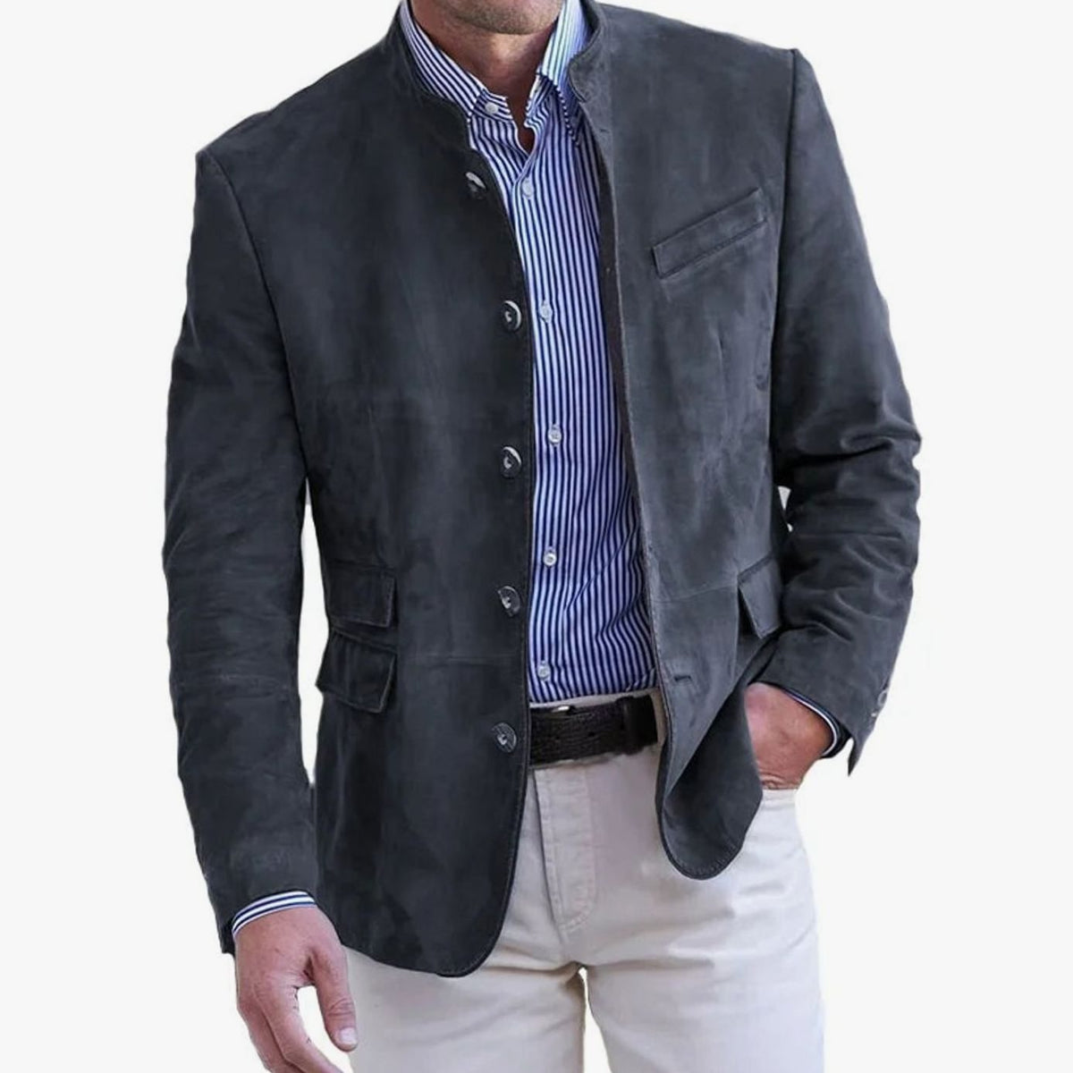 Side view of a slim-fit men's suede blazer jacket