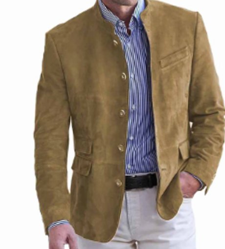 Men's Slim Fit Stand-Collar Suede Blazer Jacket