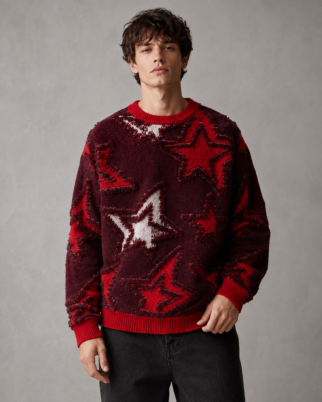 Men's Textured Star Knit Sweater Relaxed Streetwear Fit