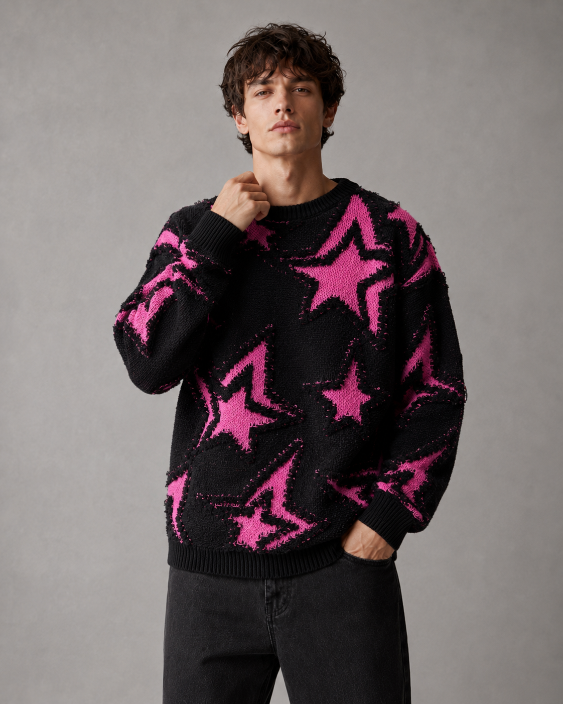 Men's Textured Star Knit Sweater Relaxed Streetwear Fit