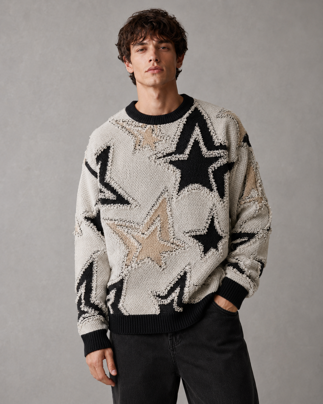 Men's Textured Star Knit Sweater Relaxed Streetwear Fit