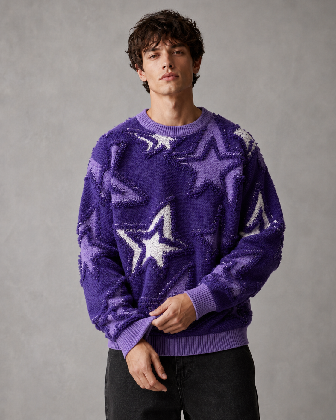 Men's Textured Star Knit Sweater Relaxed Streetwear Fit
