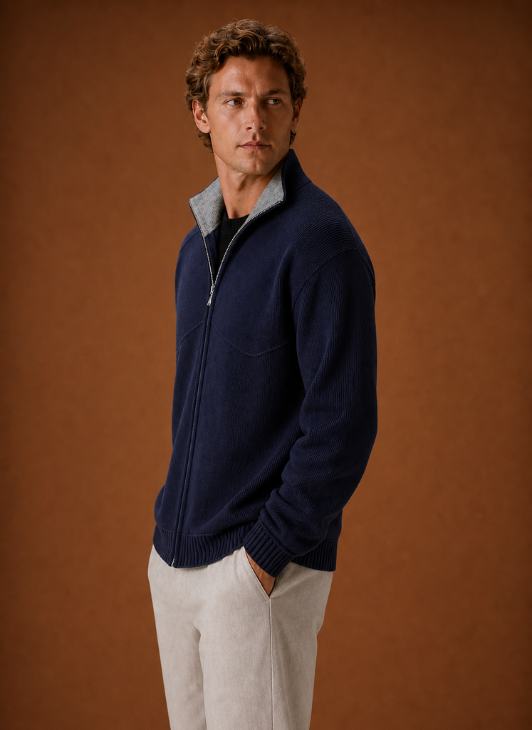 Men's knit cardigan sweater jacket with full-length front zipper