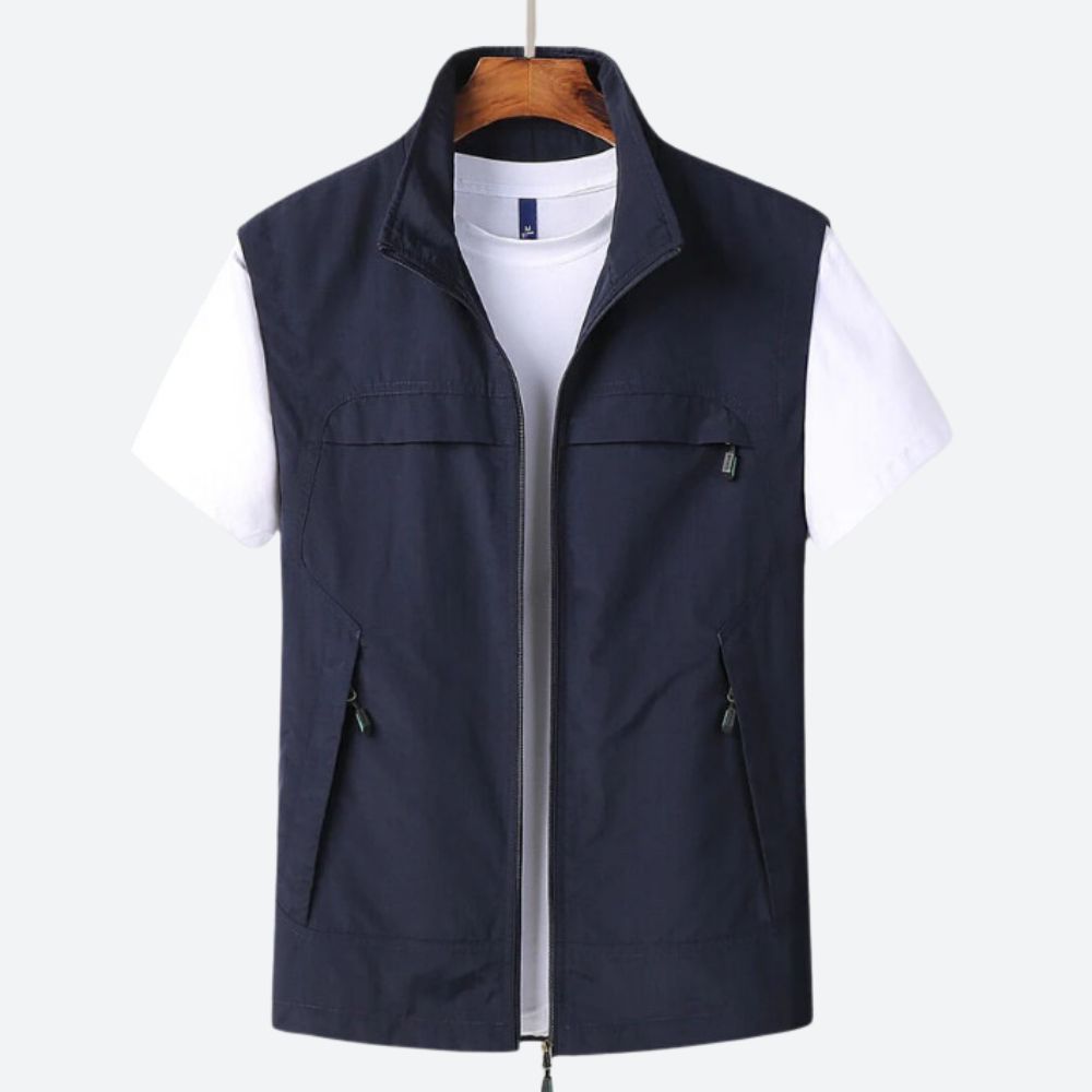 Side view of a men's cardigan showing its extended longline silhouette