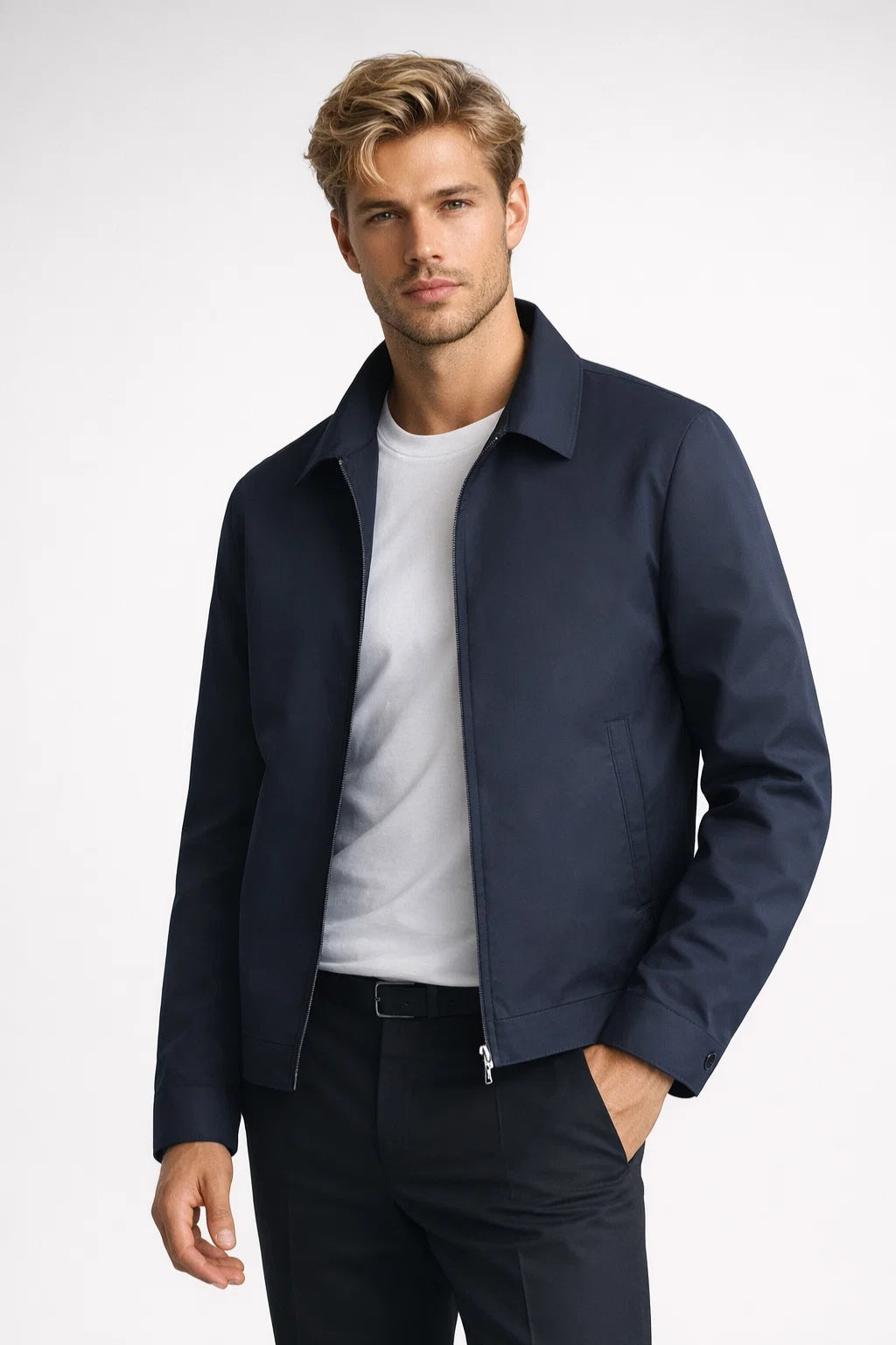 Close-up of the padded longline coat's front, showing its elevated outerwear details.