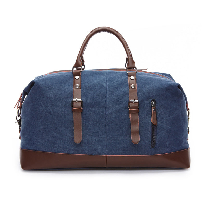 Side view of the vintage leather canvas duffle bag highlighting its structured travel-ready shape