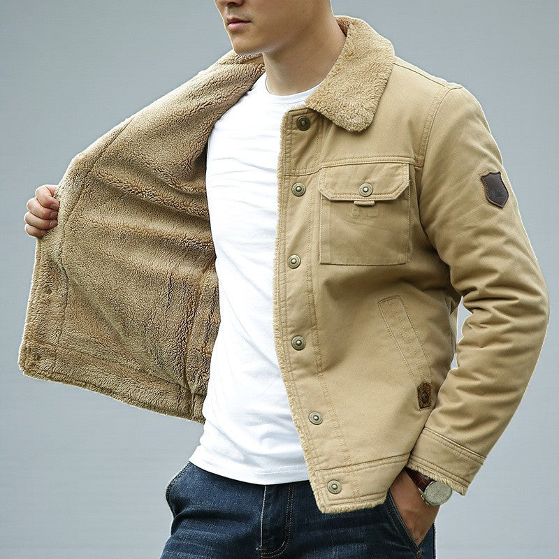Full view of a men's sherpa-lined jacket for cold-weather wear