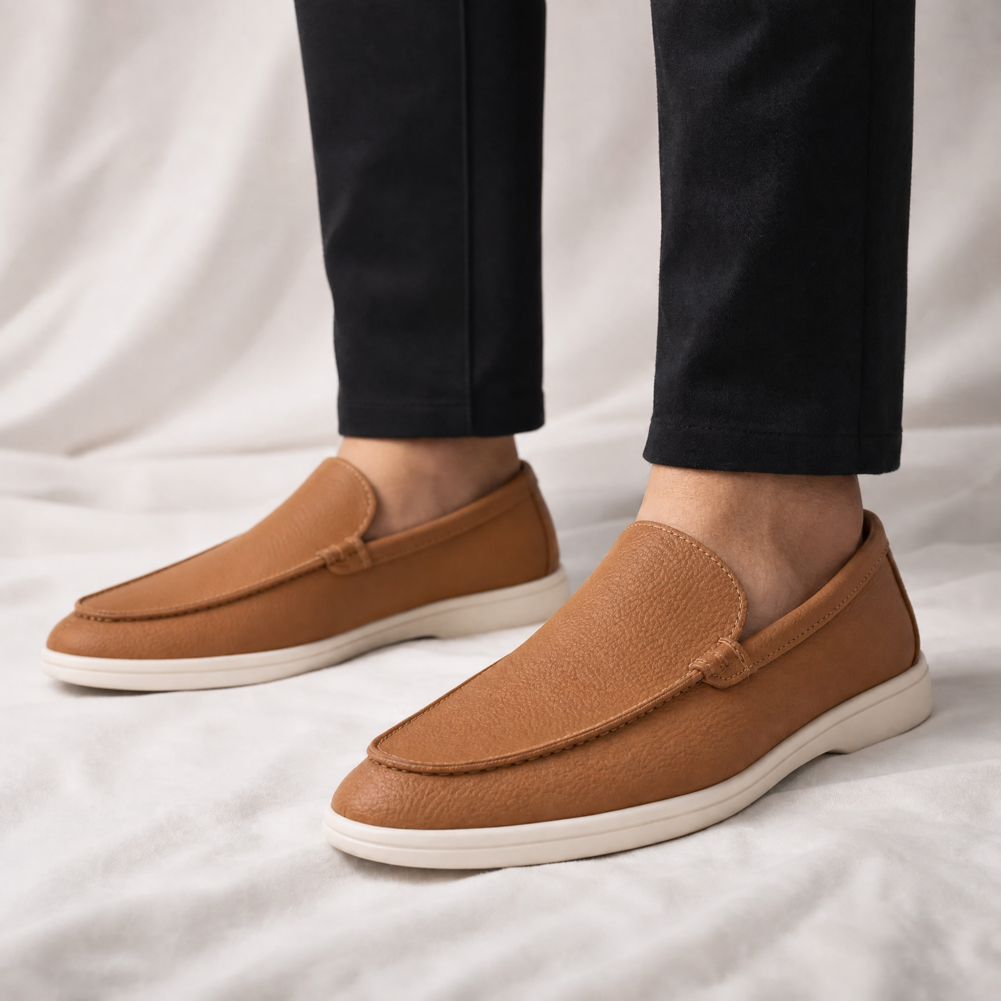 Close-up of smooth leather upper on men's loafers