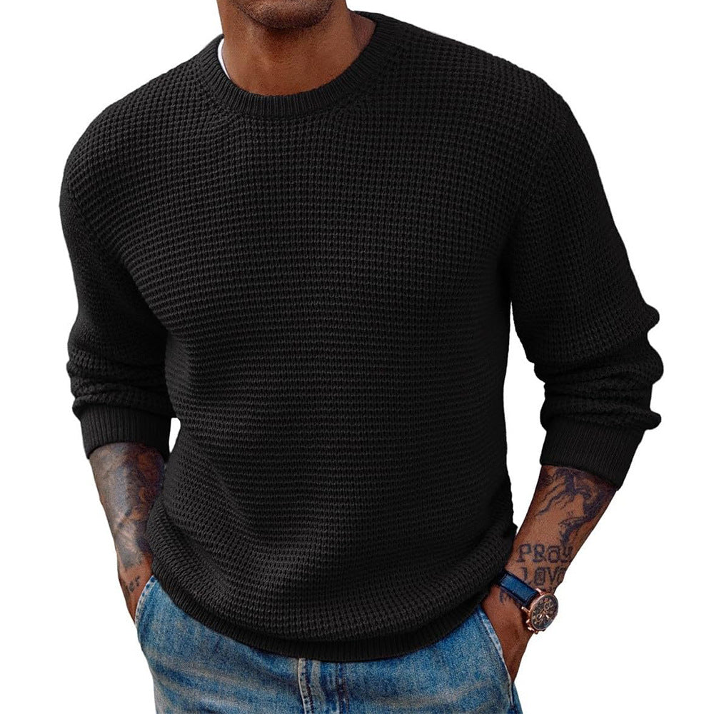 Men's sweater showing the ribbed construction across the chest and sleeves