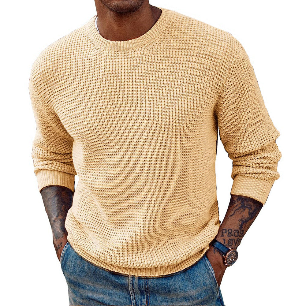 Side view of a men's ribbed crew-neck sweater