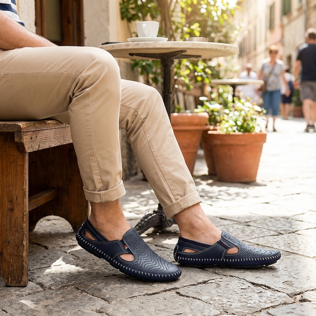 Men's leather sandals with cushioned footbed shown from above