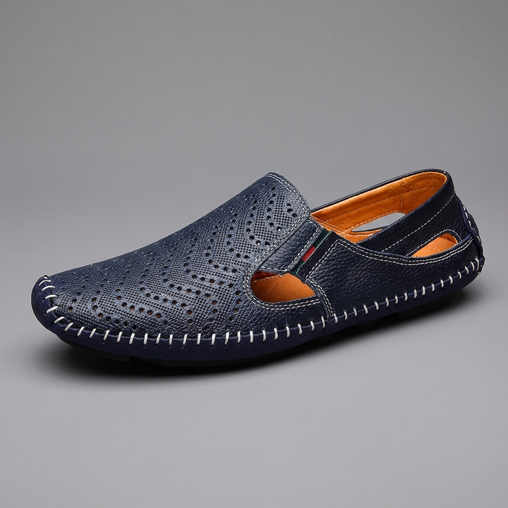 Side view of men's leather sandals with supportive footbed