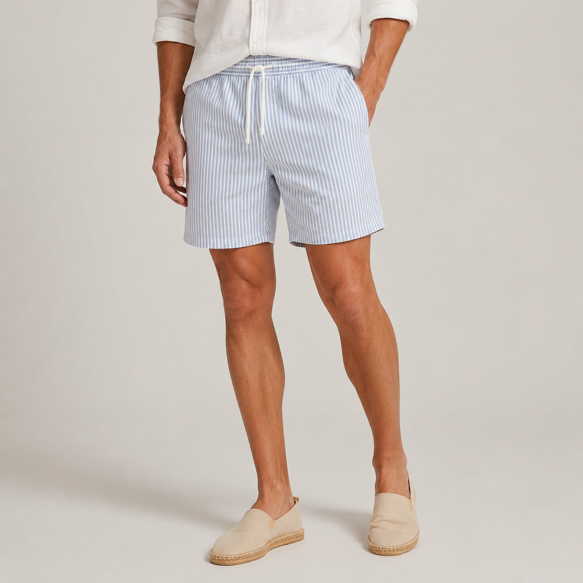 Men’s striped swim shorts with quick-dry fabric displayed front-facing