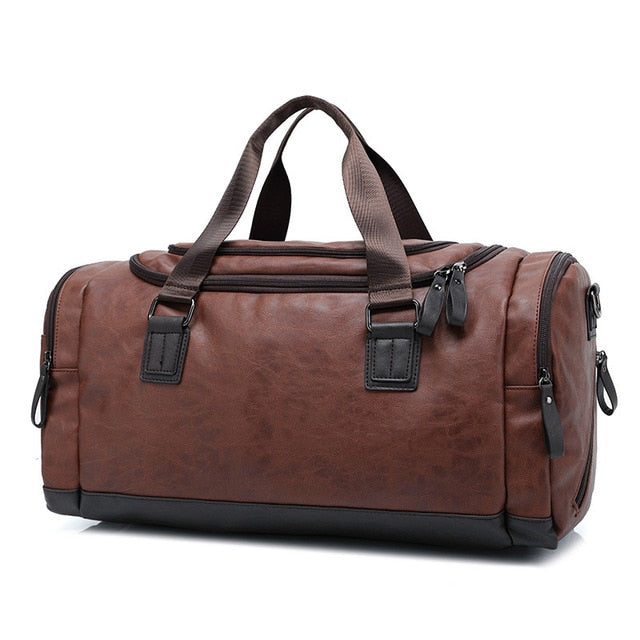 Men's PU leather travel bag with structured shape and carry handles
