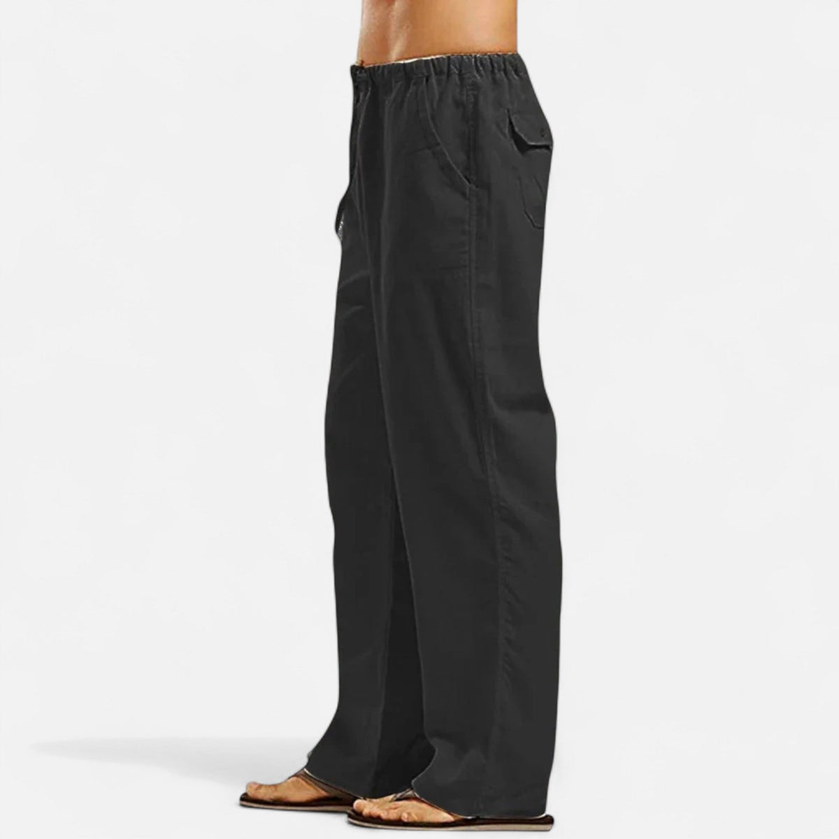 Men's wide-leg relaxed pants displayed from the side