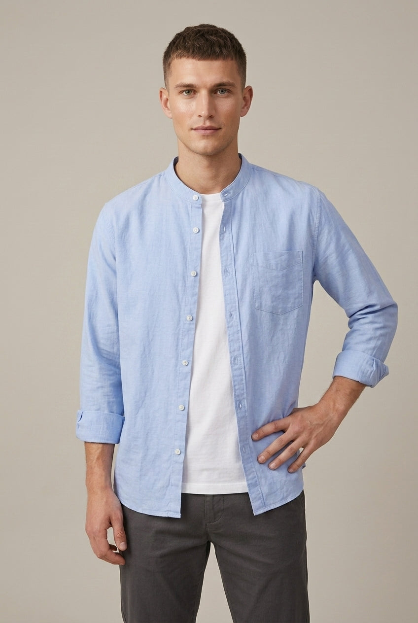 Back view of the men's long sleeve linen blend shirt