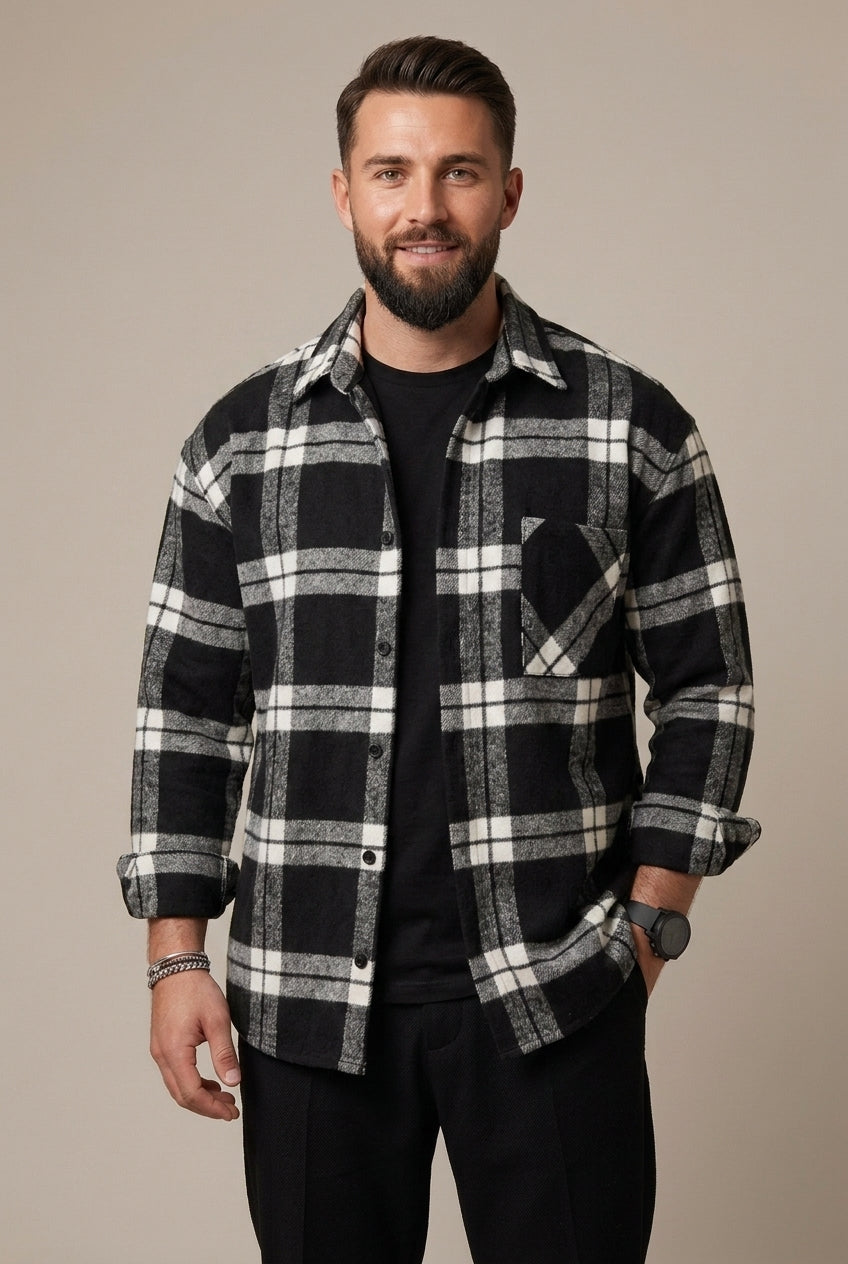 Men's button-up checked overshirt shown as a versatile layer