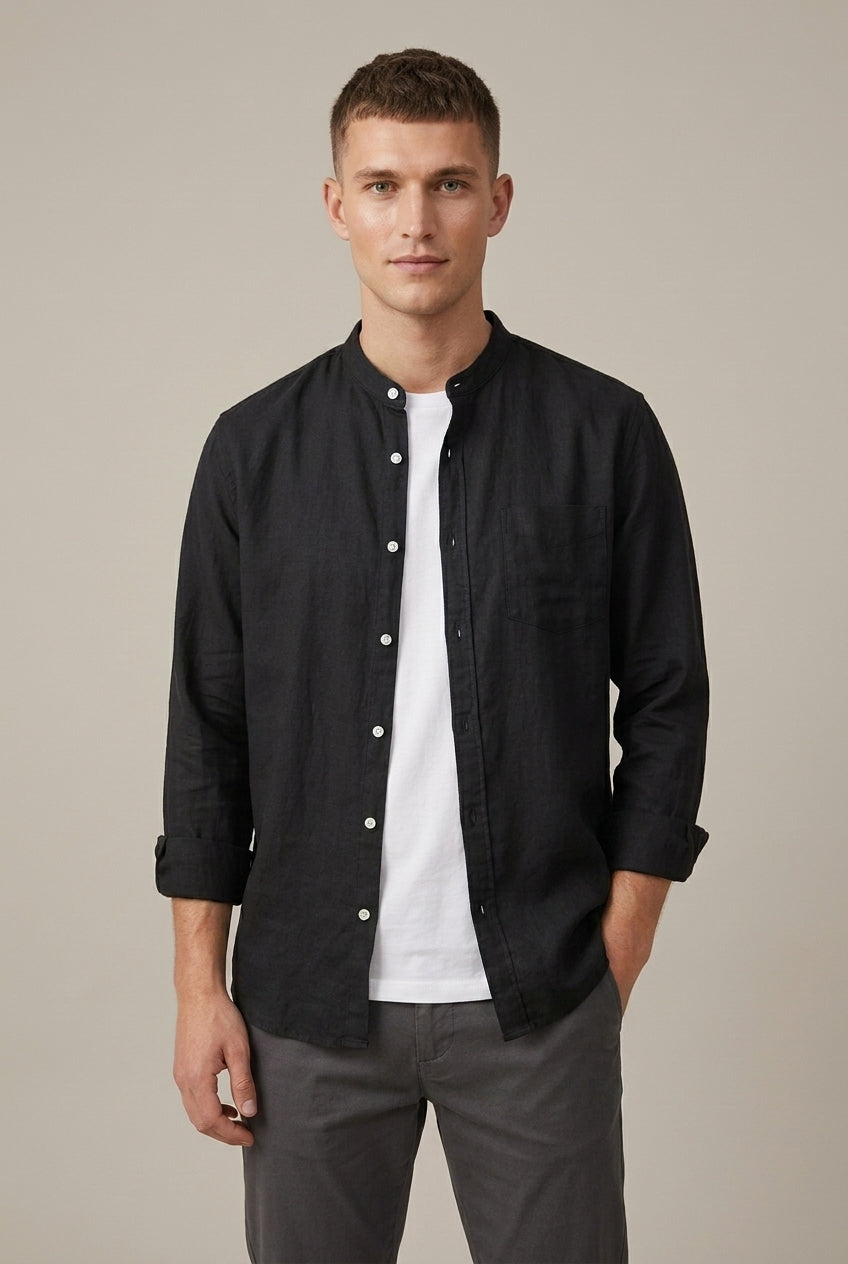 Close-up of the band collar and button front on a men's shirt