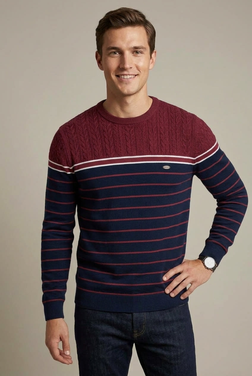 Back view of a men's striped pullover sweater