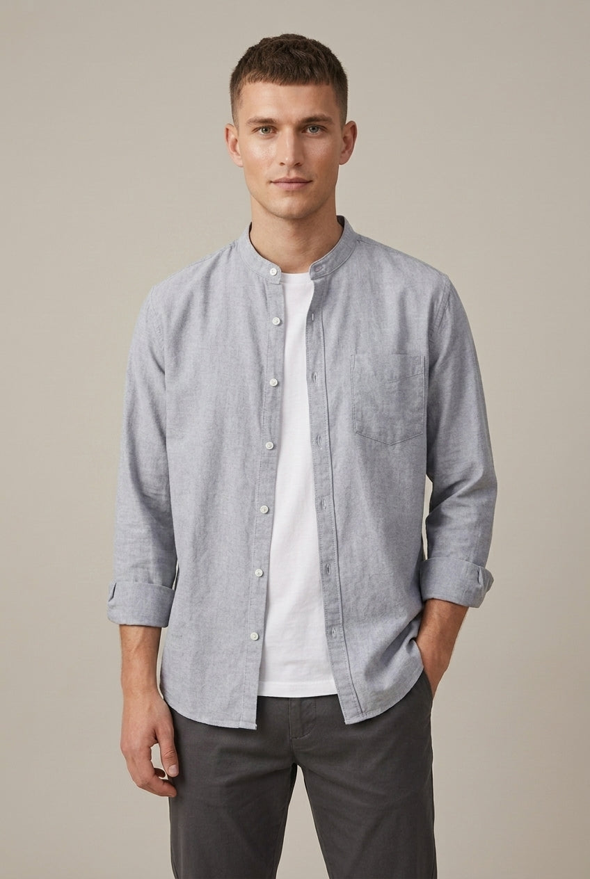 Side view of a men's linen blend band collar shirt
