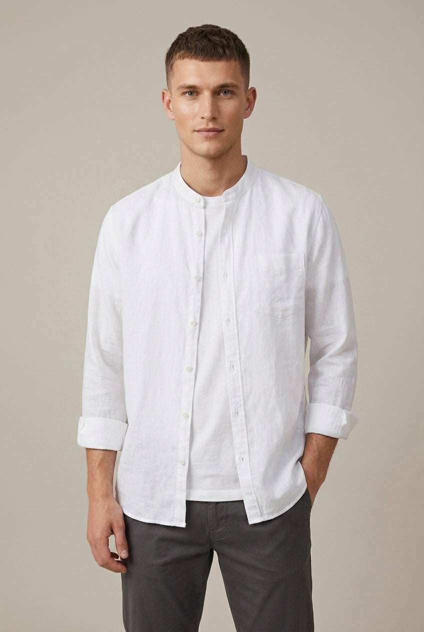 Detail view of the breathable linen blend shirt fabric