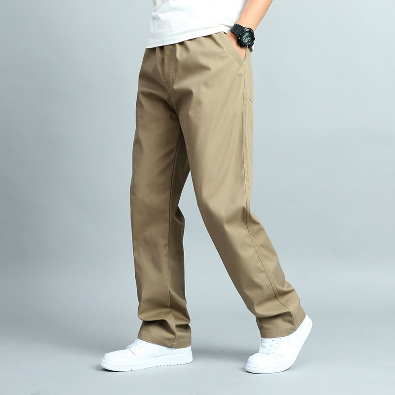 Men's straight-leg cotton blend pants shown from the front