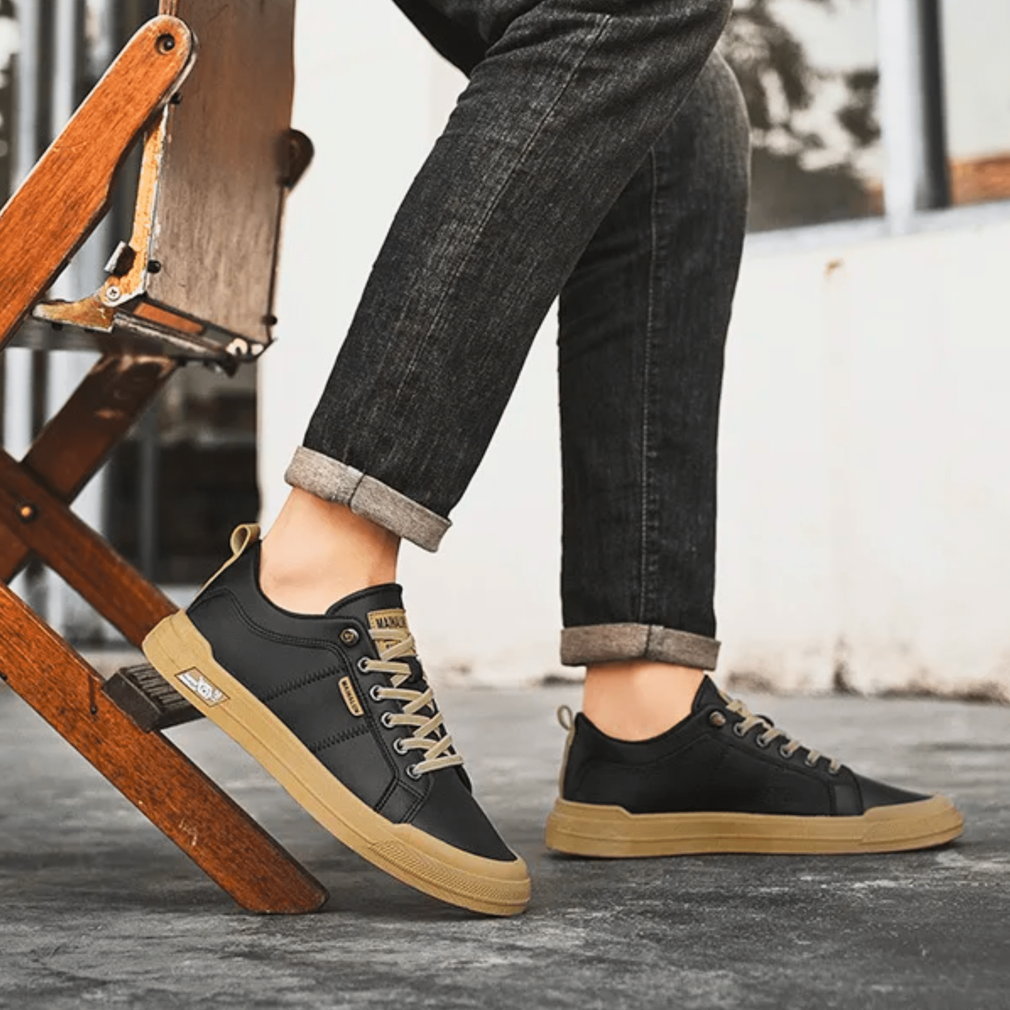 Close-up of the leather upper on men's casual sneakers
