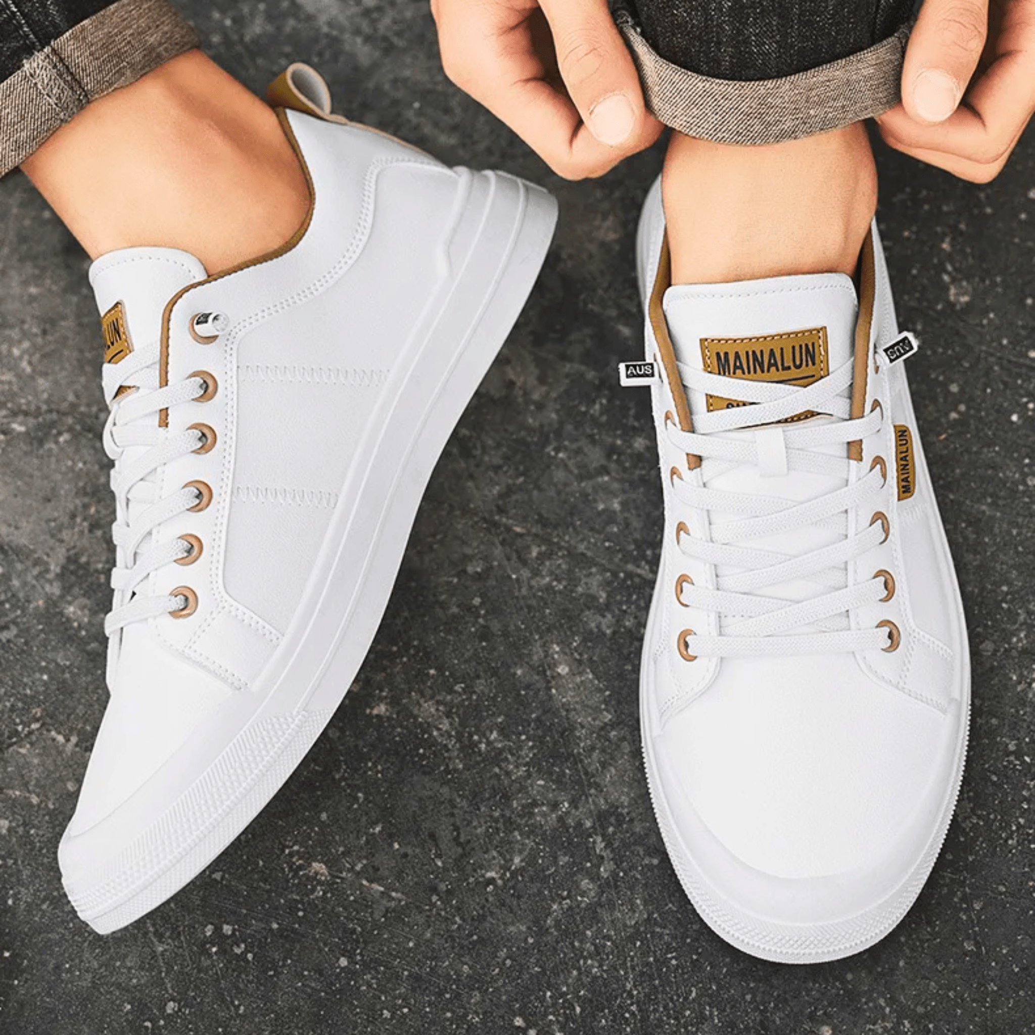 Men's leather sneakers styled as versatile casual shoes