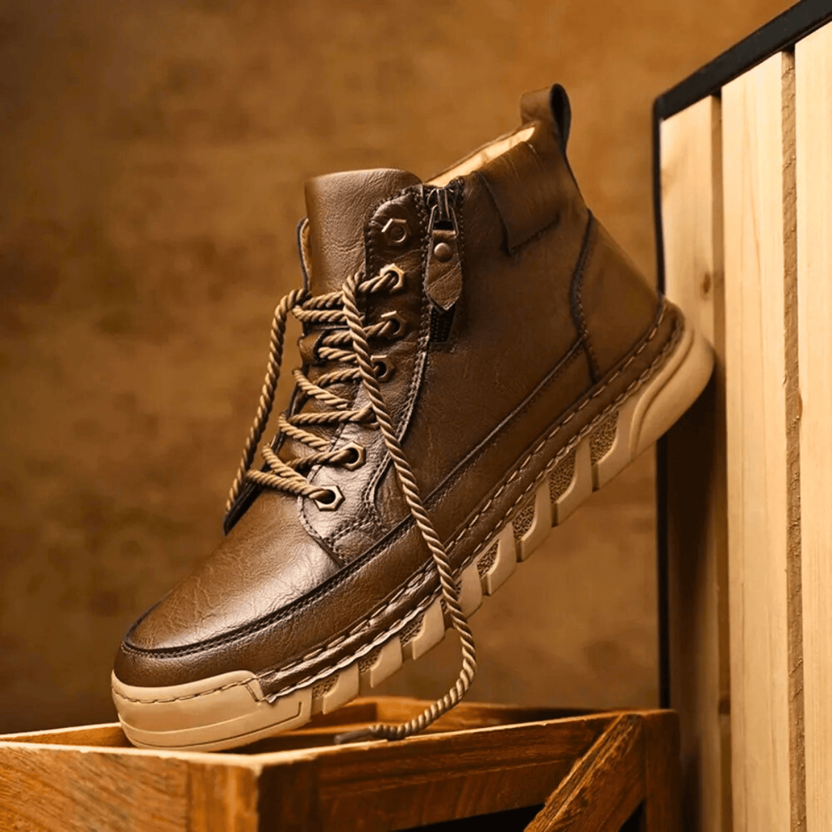 Pair of men's leather boots shown from the side