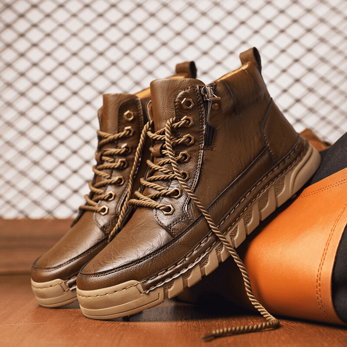 Detailed view of the leather upper on a men's boot
