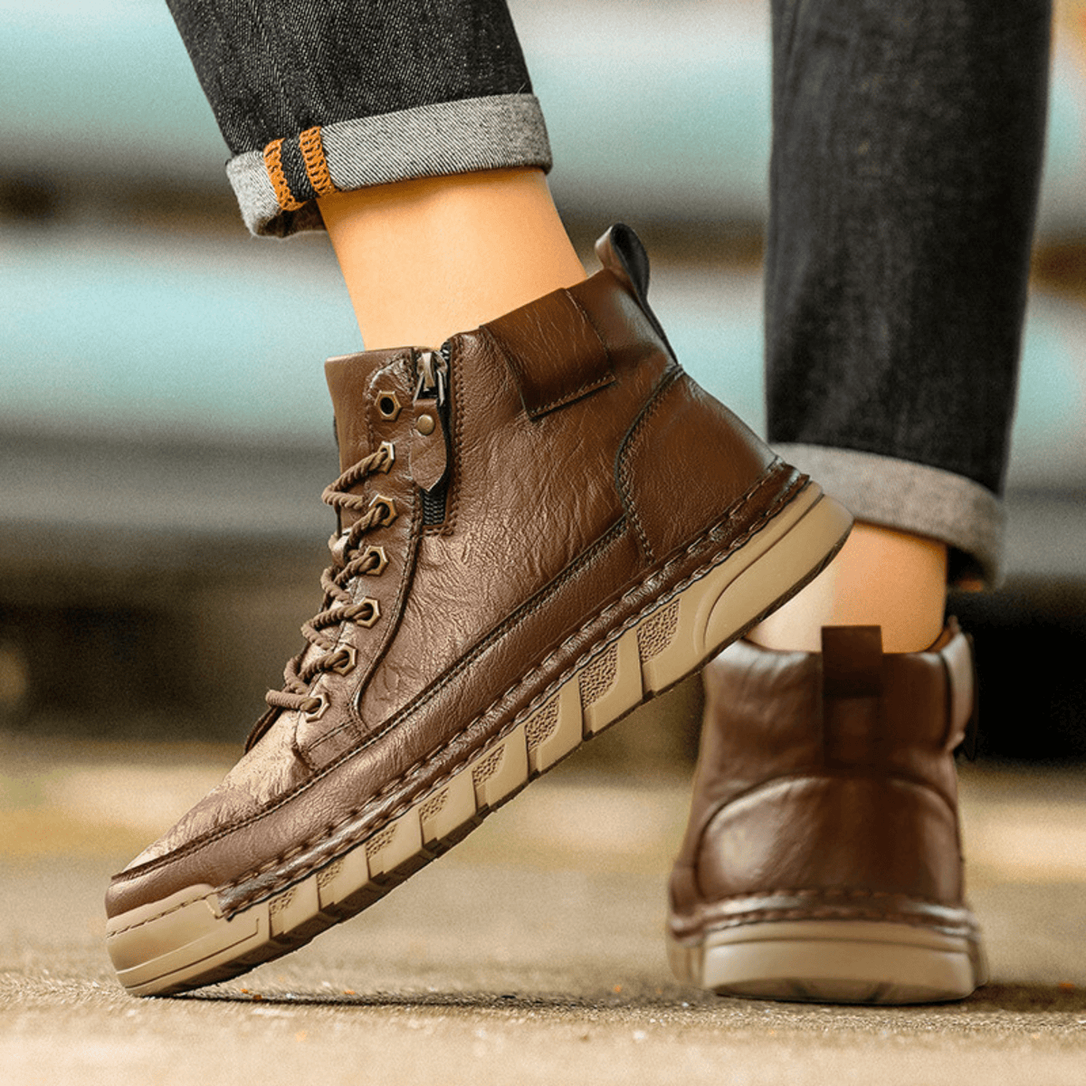 Men's leather boot showing the sole and heel